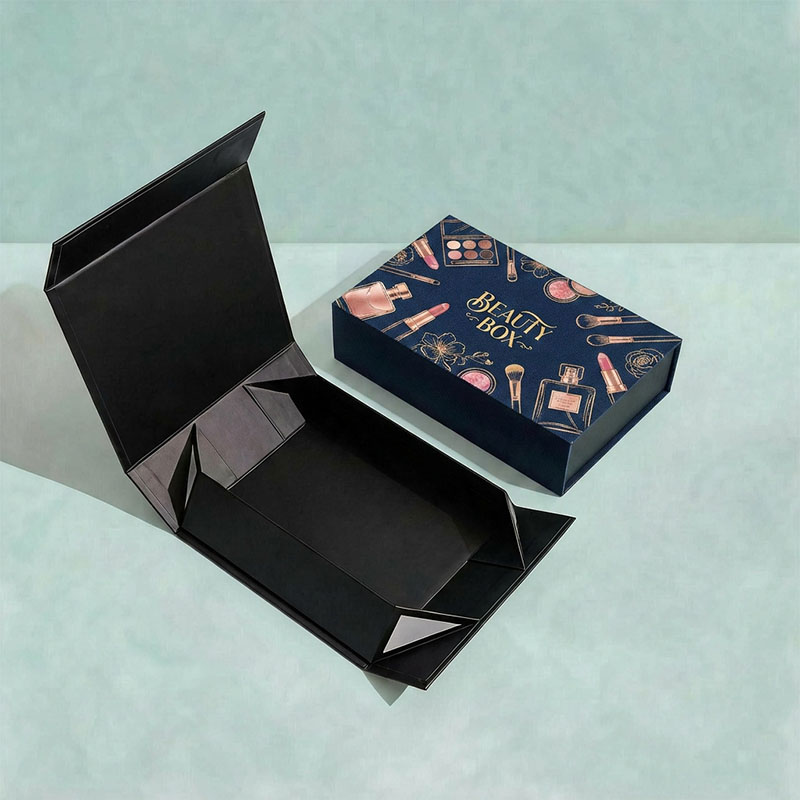 Bespoke navy blue luxury brand packaging box for high-end cosmetics.