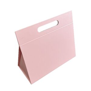 Custom pink triangle rigid gift box featuring a built-in die-cut handle for easy carrying.