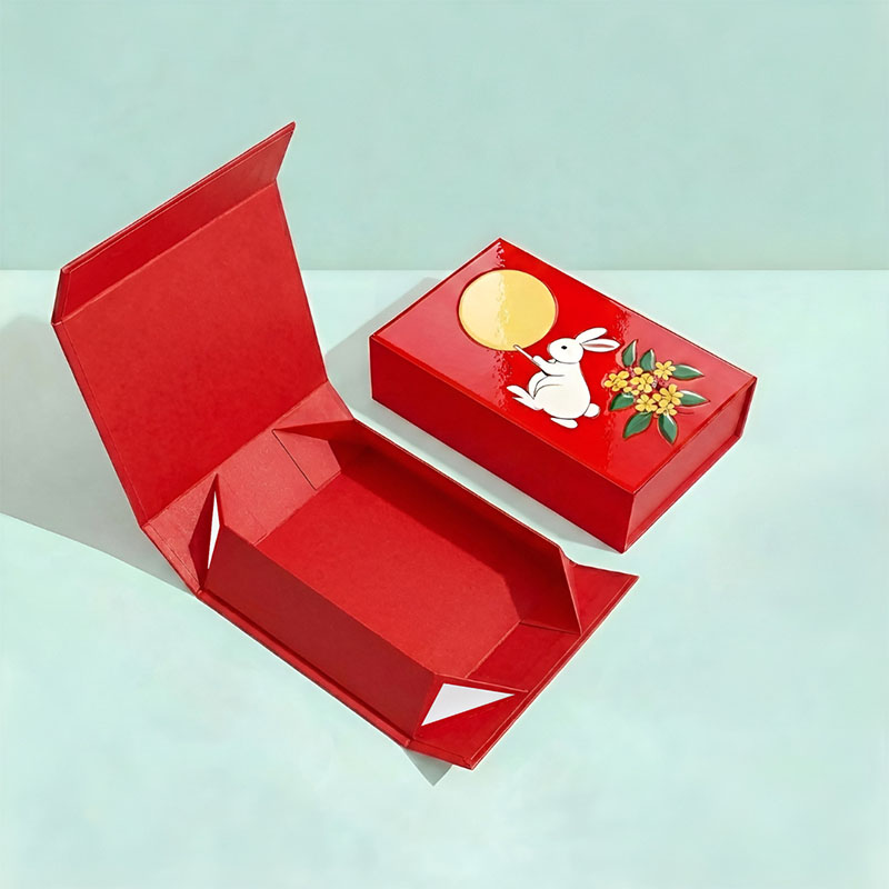 Premium red rigid folding box for cosmetic packaging with exquisite printing.