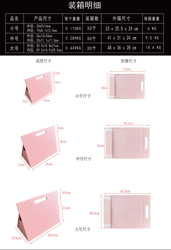 Detailed size and packing specification chart for custom triangle foldable gift boxes.